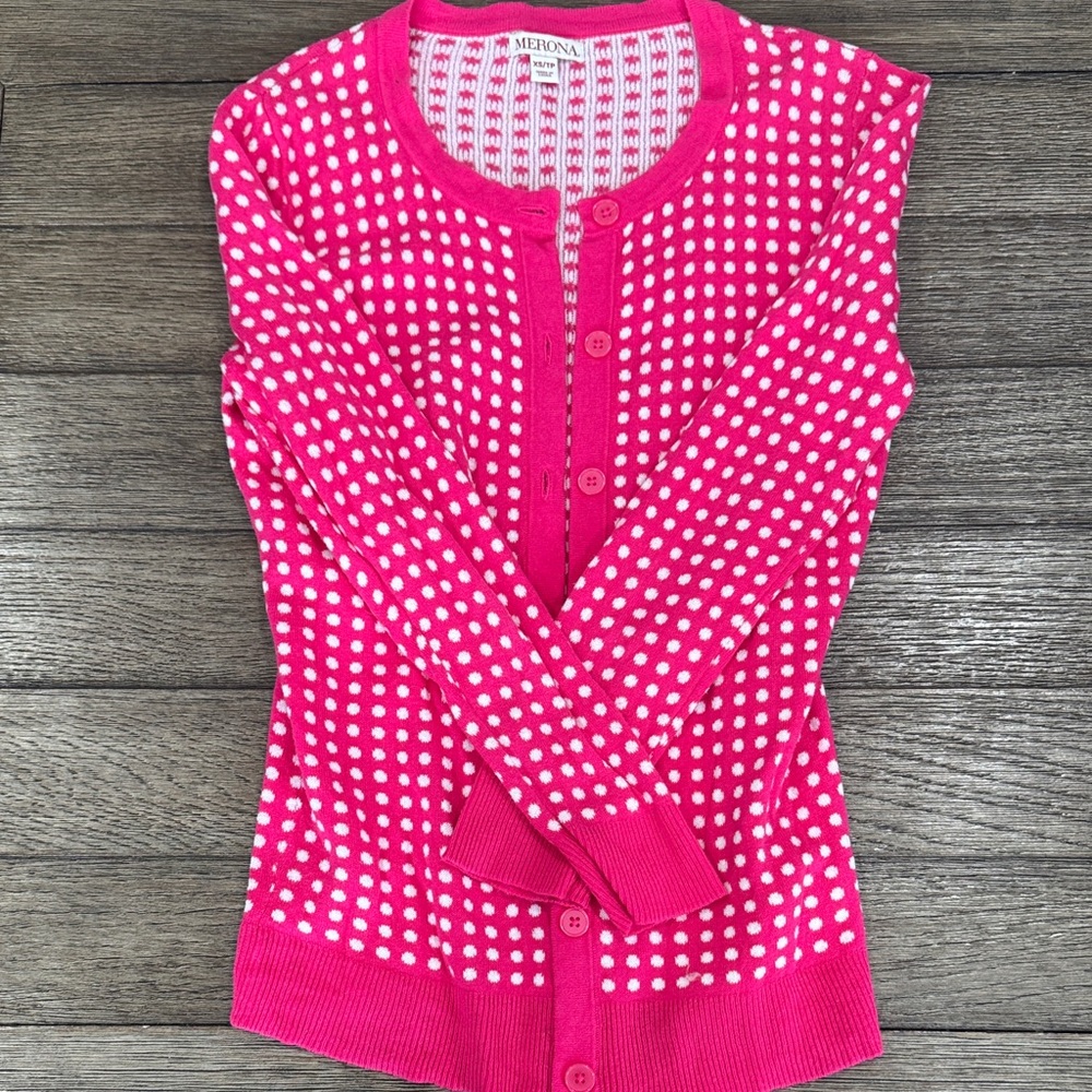 Merona Fuchsia and White Polka Dot Cardigan